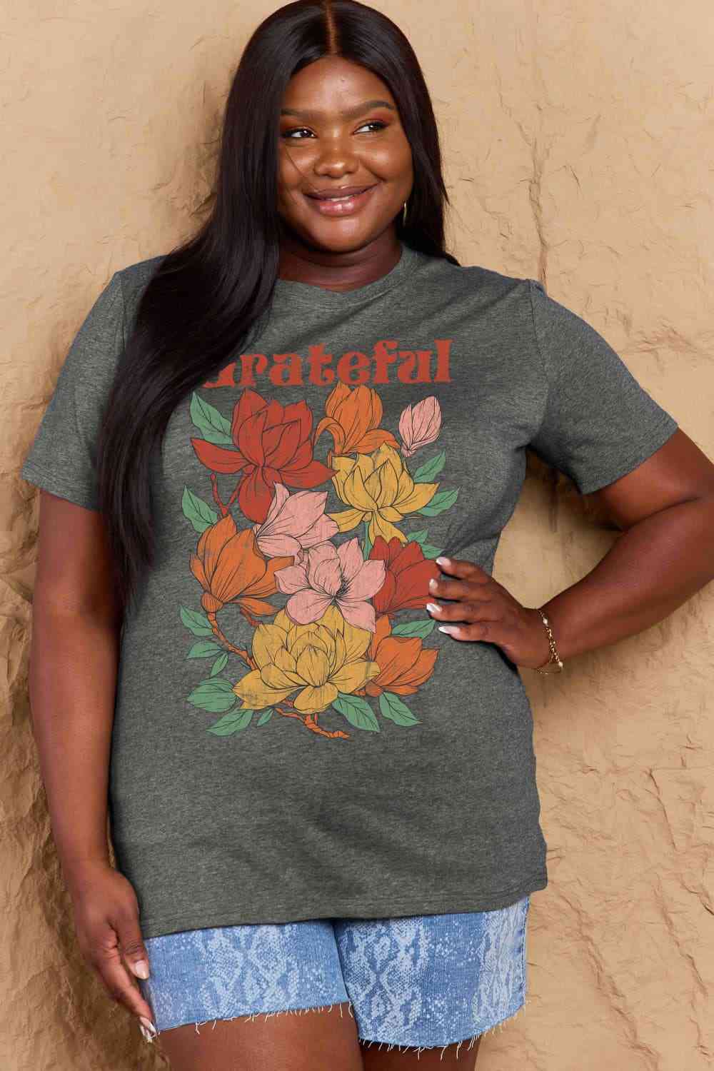 Simply Love Full Size GRATEFUL Flower Graphic Cotton T-Shirt Charcoal