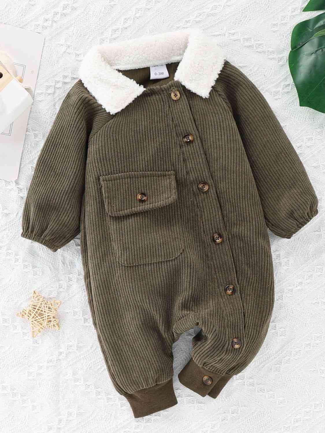 Baby Buttoned Collared Neck Corduroy Jumpsuit Sage