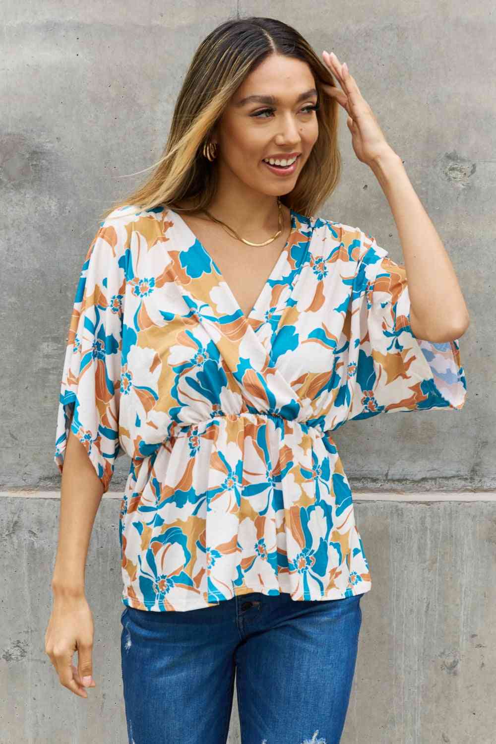 BOMBOM Floral Print Wrap Tunic Top Floral