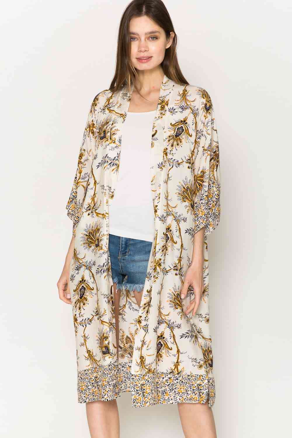 Justin Taylor Floral Open Front Slit Duster Cardigan Multi One Size