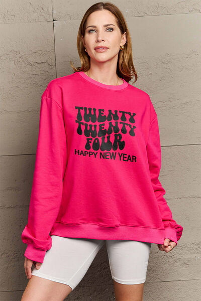 Simply Love Full Size TWENTY TWENTY FOUR HAPPY NEW YEAR Dropped Shoulder Sweatshirt Deep Rose