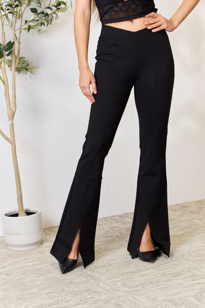 Kancan V-Waistband Slit Flare Pants Black