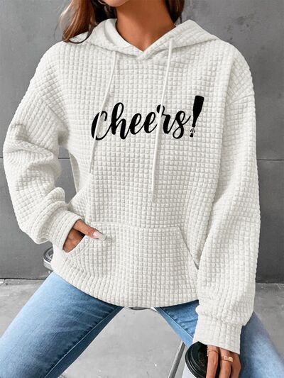 Full Size CHEERS Waffle-Knit Drawstring Hoodie White