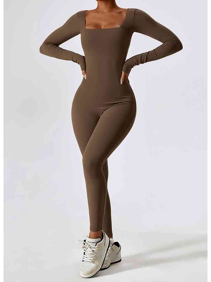 Square Neck Long Sleeve Sports Jumpsuit Chestnut