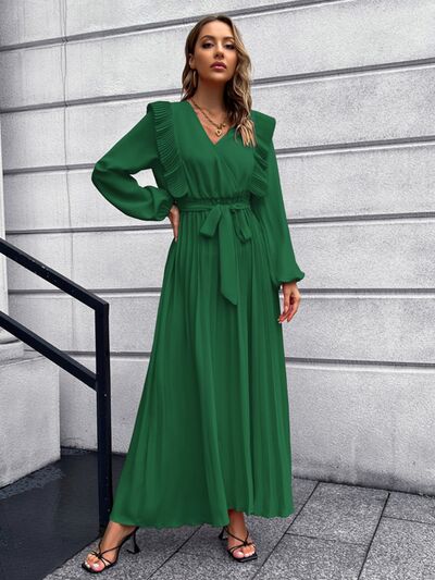 Pleated Surplice Tie Waist Maxi Dress Green