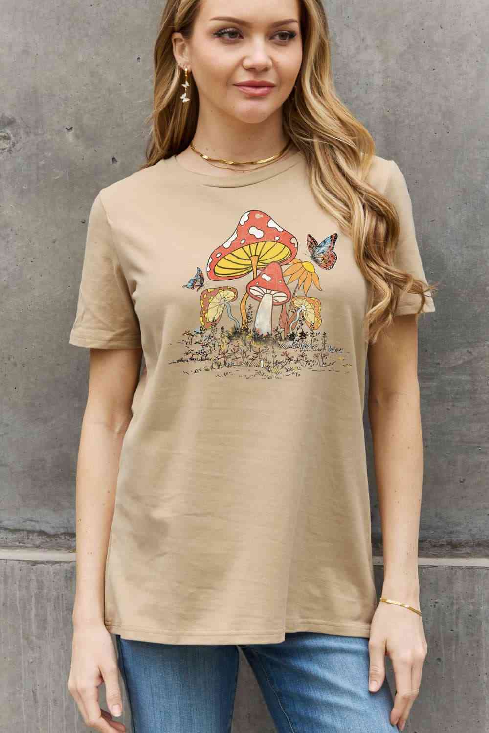 Simply Love Full Size Mushroom & Butterfly Graphic Cotton T-Shirt Taupe