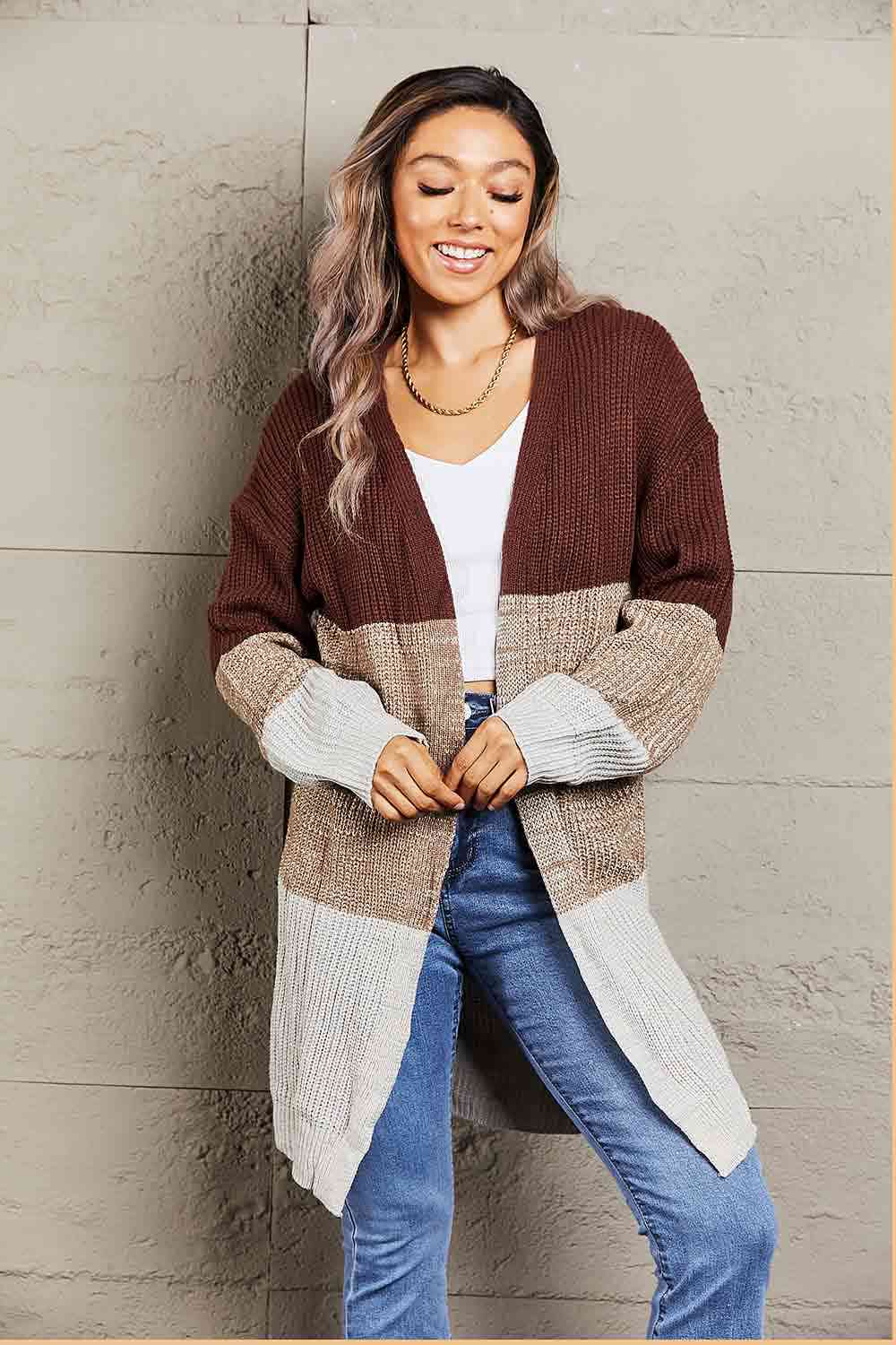 Woven Right Color Block Open Front Rib-Knit Longline Cardigan Coffee/Gray