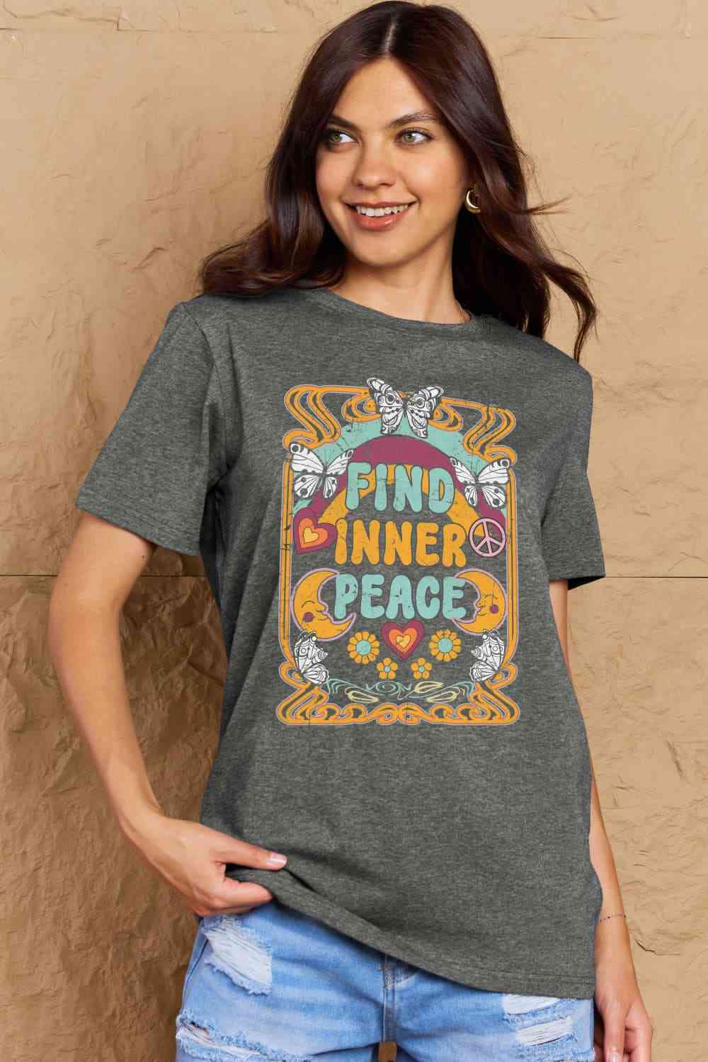 Simply Love Full Size FIND INNER PEACE Graphic Cotton T-Shirt Charcoal