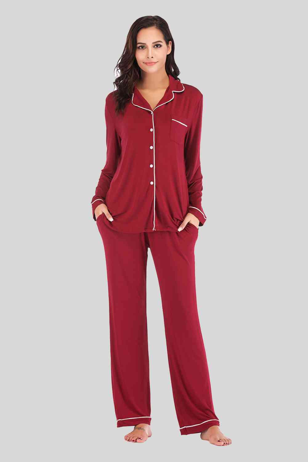 Collared Neck Long Sleeve Loungewear Set with Pockets Wine