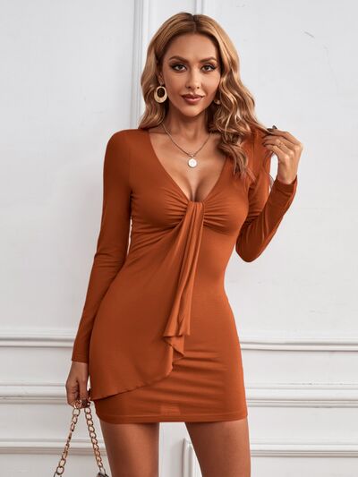 Plunge Long Sleeve Mini Dress Caramel