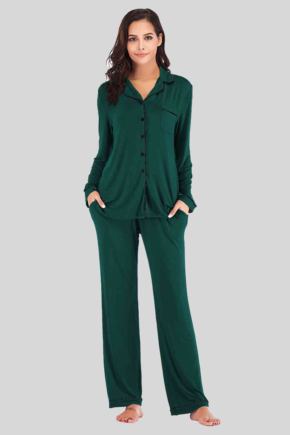 Collared Neck Long Sleeve Loungewear Set with Pockets Green