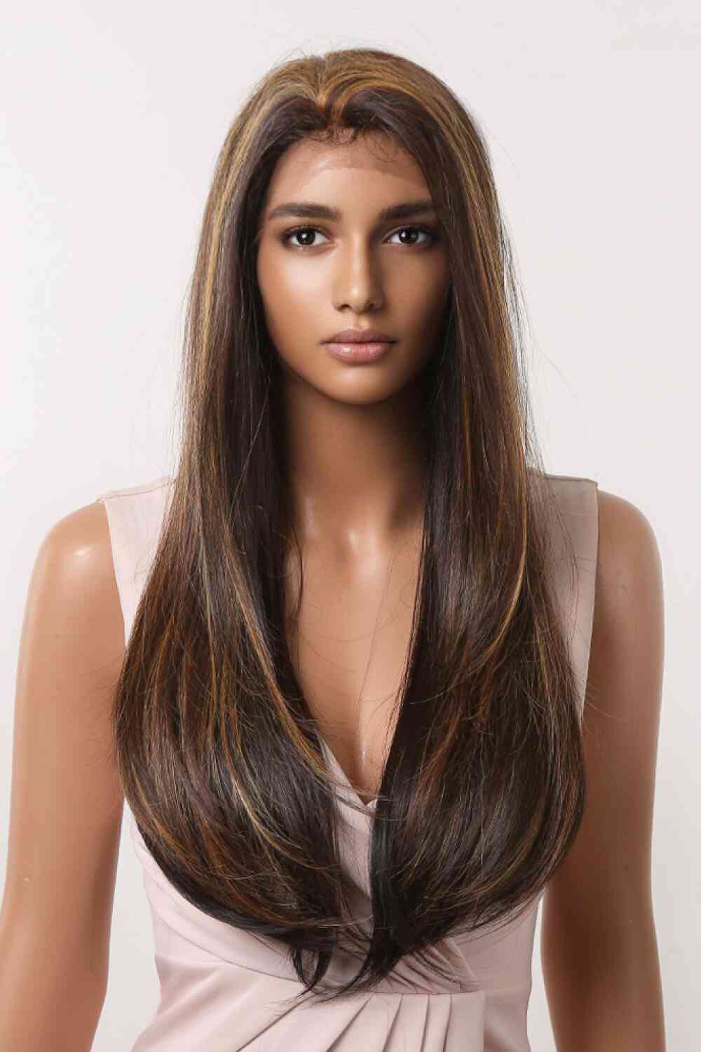 13*2" Lace Front Wigs Synthetic Long Straight 26" 150% Density Brown/Caramel Highlights One Size