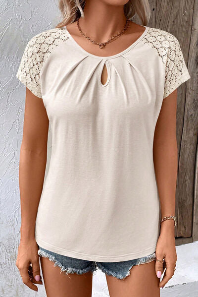 Cutout Round Neck Lace Short Sleeve T-Shirt Sand