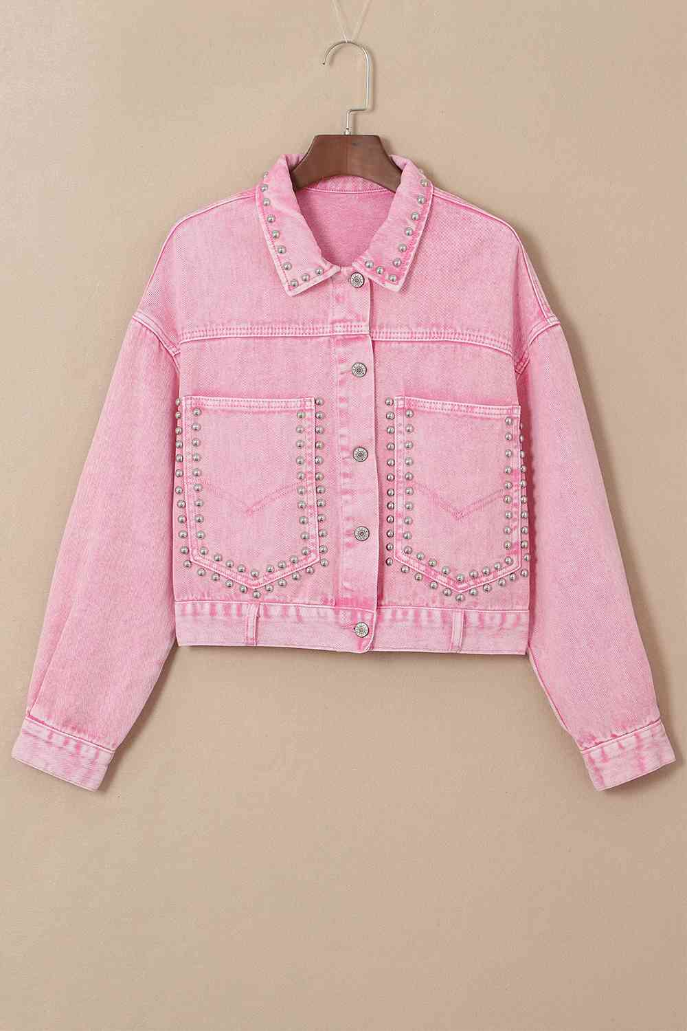 Studded Collared Neck Denim Jacket with Pockets Fuchsia Pink