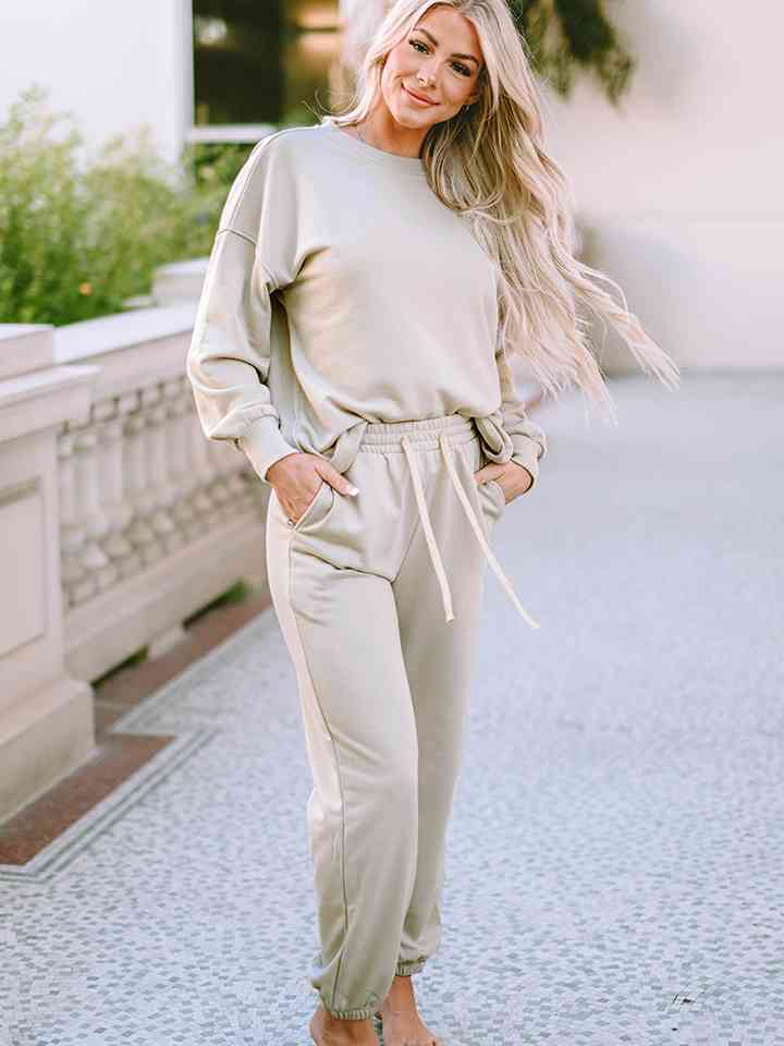 Round Neck Dropped Shoulder Top and Pants Lounge Set Light Gray