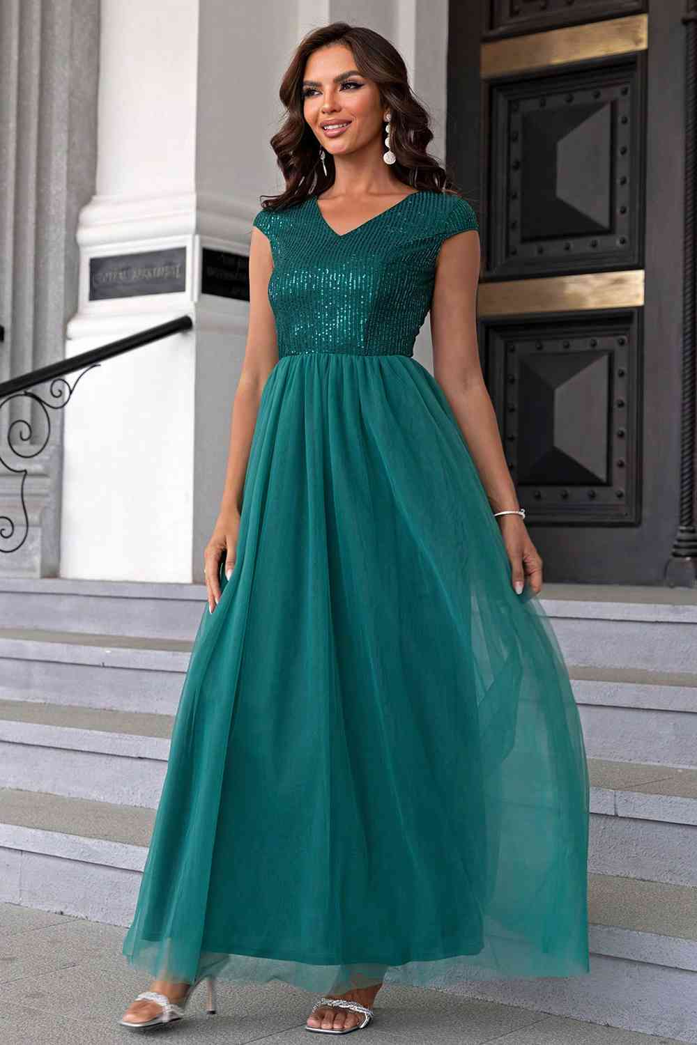 Sequin V-Neck Mesh Maxi Dress Teal