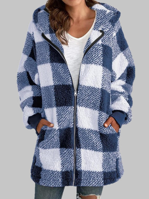 Plaid Zip-Up Hooded Jacket with Pockets Peacock Blue