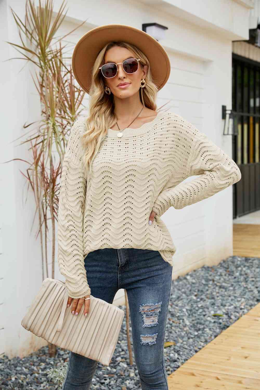 Woven Right Scalloped Boat Neck Openwork Tunic Sweater Cream