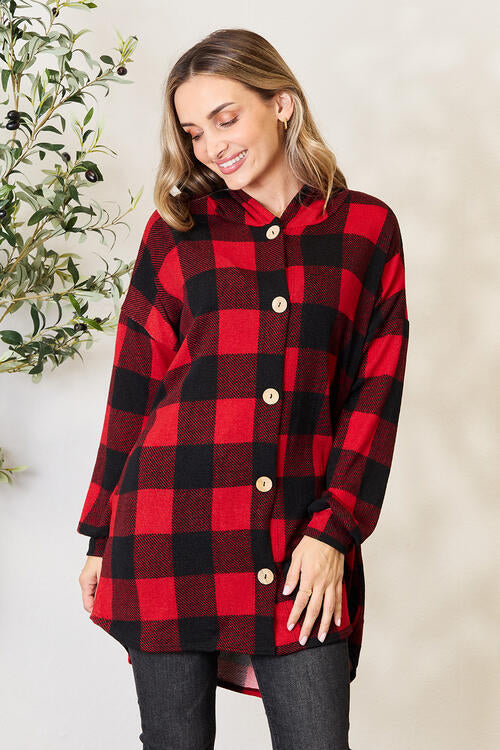 Heimish Full Size Plaid Button Front Hooded Shirt Black/Red