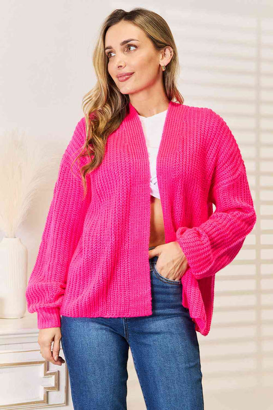 Woven Right Rib-Knit Open Front Drop Shoulder Cardigan Hot Pink