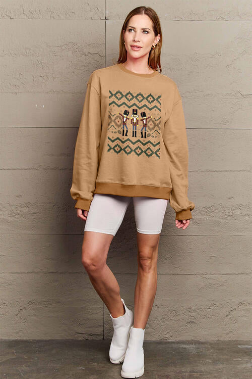 Simply Love Full Size Nutcracker Graphic Long Sleeve Sweatshirt Camel