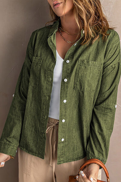 Pocketed Button Up Collared Neck Denim Top Army Green