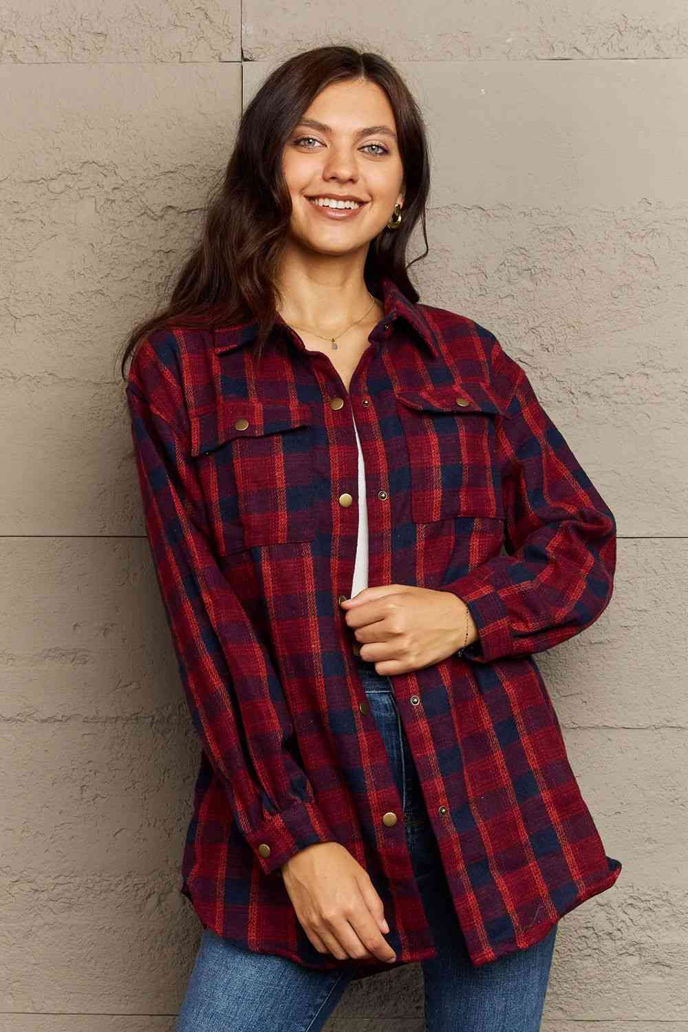 Ninexis Full Size Plaid Collared Neck Button-Down Long Sleeve Jacket Deep Red