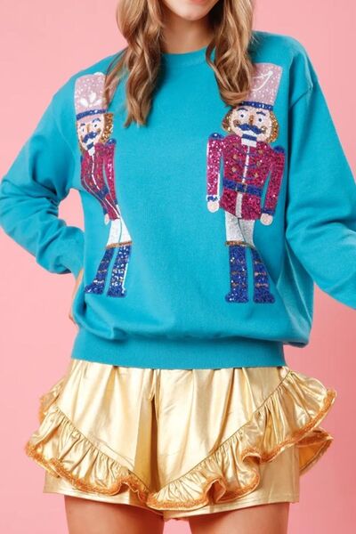 Nutcracker Sequin Round Neck Dropped Shoulder Sweatshirt Sky Blue