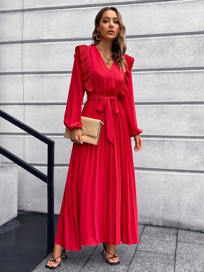 Pleated Surplice Tie Waist Maxi Dress Deep Red