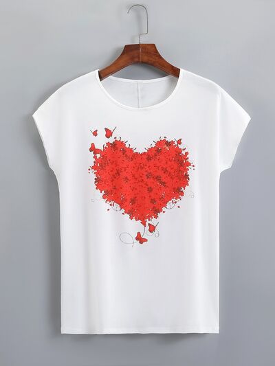 Heart Round Neck Short Sleeve T-Shirt White