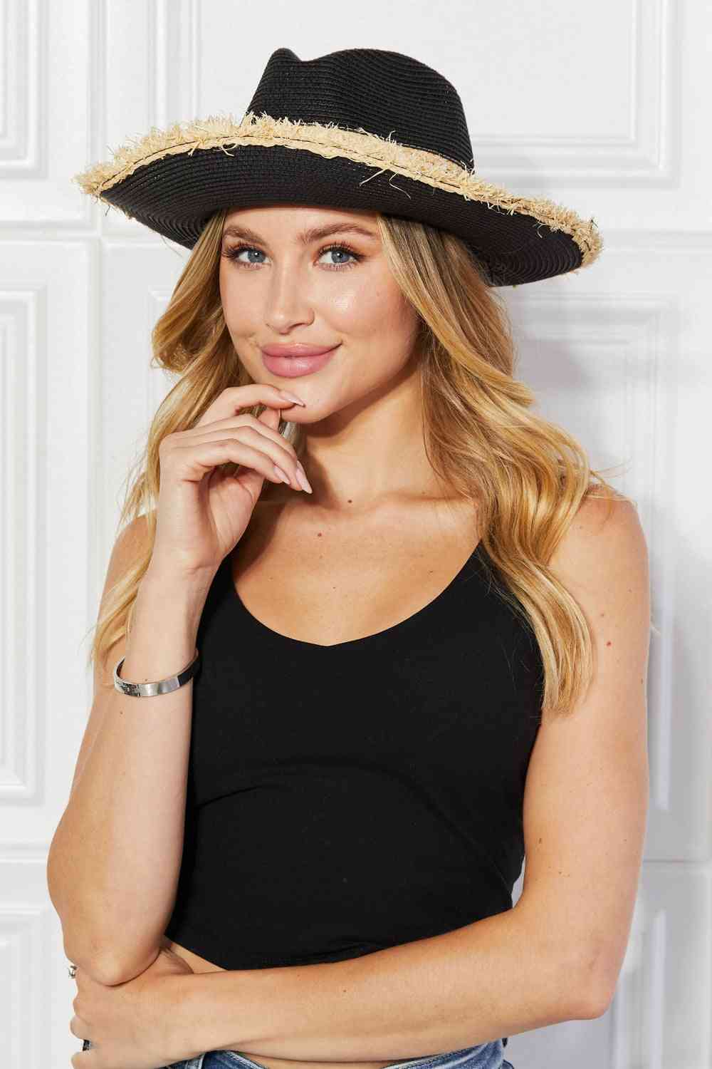 Justin Taylor Poolside Baby Straw Fedora Hat in Black Black One Size
