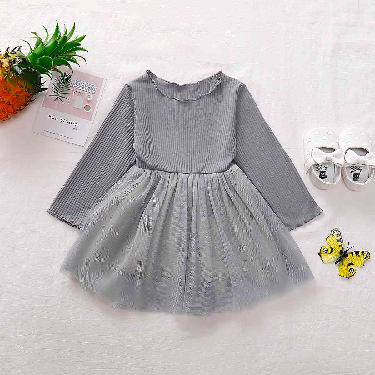 Girls Round Neck Ribbed Tulle Dress Mid Gray