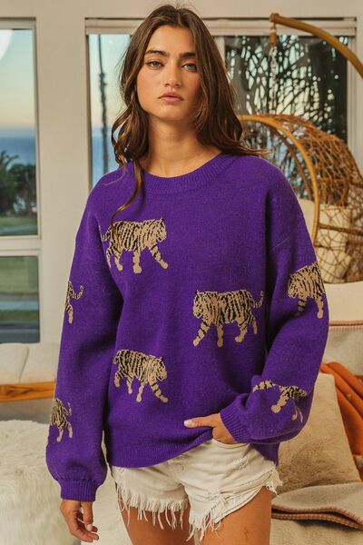 BiBi Tiger Pattern Long Sleeve Sweater VIOLET