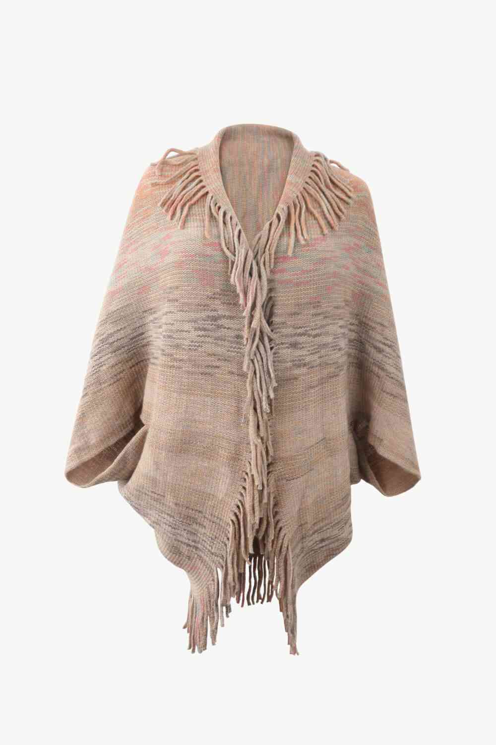 Multicolored Fringe Trim Poncho Taupe One Size