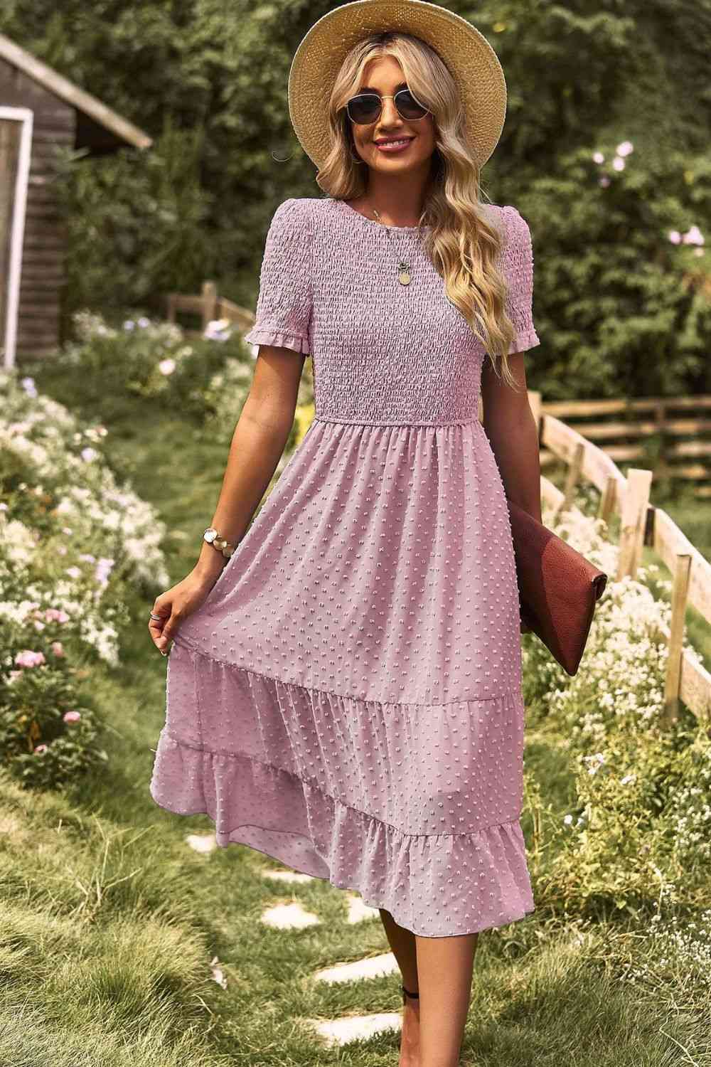 Swiss Dot Smocked Round Neck Short Sleeve Midi Dress Dusty Pink