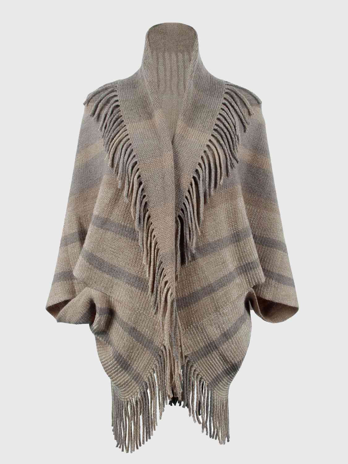 Fringe Detail Open Front Poncho Khaki One Size