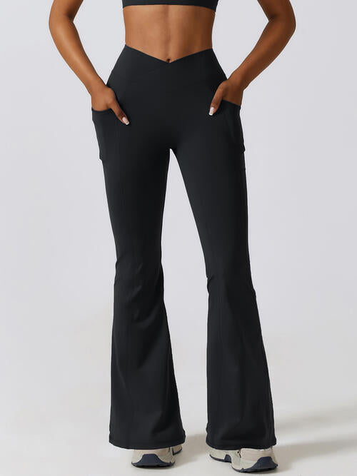 Flare Leg Active Pants with Pockets Black