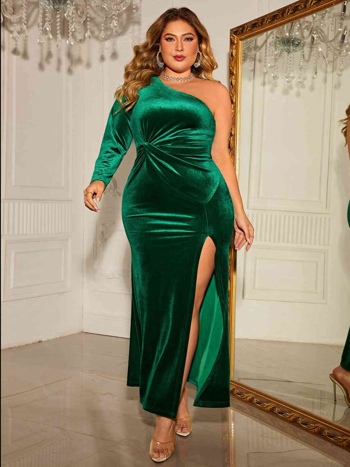 Plus Size One-Shoulder Twisted Split Dress Green