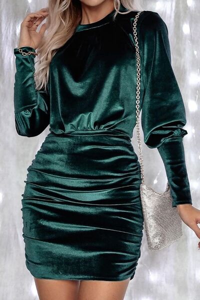 Ruched Round Neck Lantern Sleeve Mini Dress Green