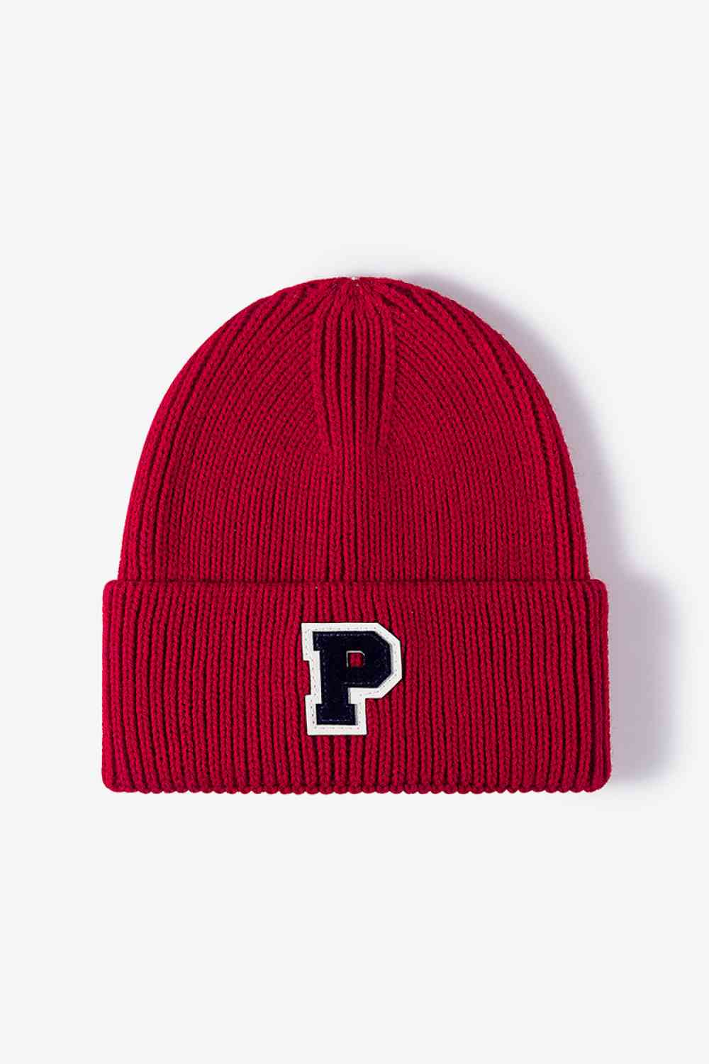 Letter Patch Cuffed Knit Beanie Brick One Size