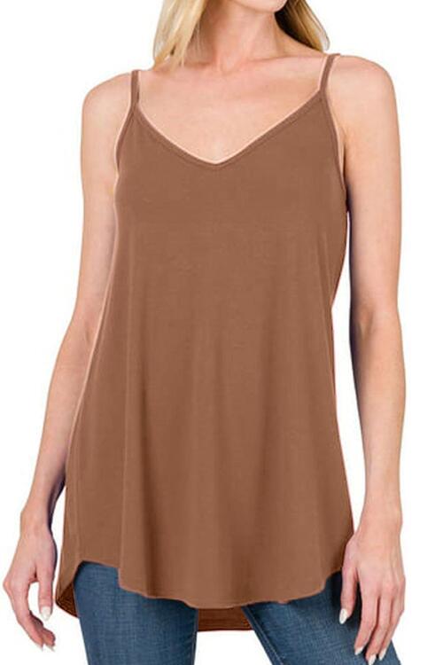 Full Size Spaghetti Strap V-Neck Flowy Tunic Cami Caramel