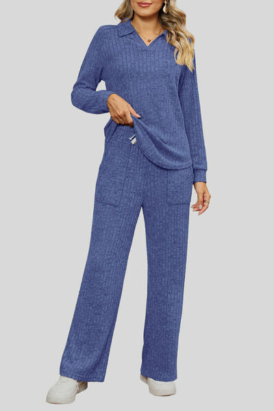Ribbed Long Sleeve Top and Pocketed Pants Set Dusty Blue