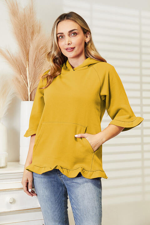 Ninexis Full Size Raglan Sleeve Ruffled Hoodie with Pocket Banana Yellow