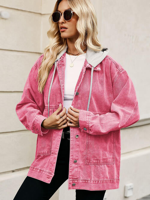 Drawstring Button Down Hooded Denim Jacket Hot Pink