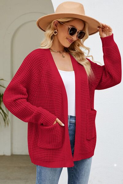 Open Front Raglan Sleeve Pocketed Cardigan Deep Red