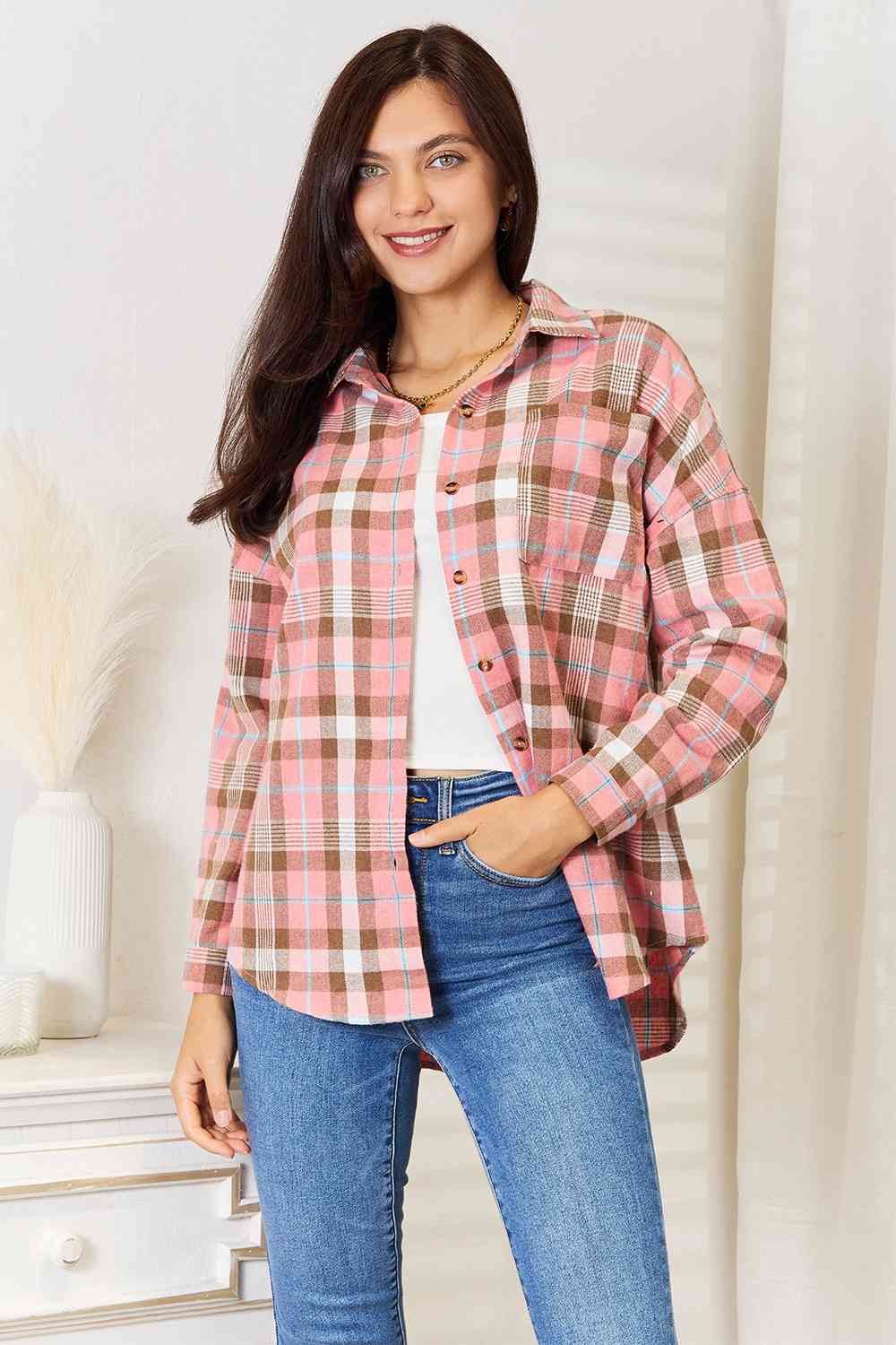 Double Take Plaid Collared Neck Long Sleeve Button-Up Shirt Peach