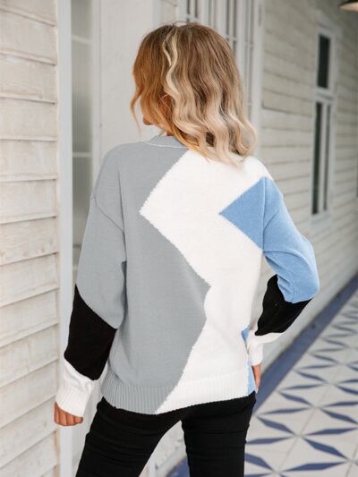 Color Block Round Neck Dropped Shoulder Sweater