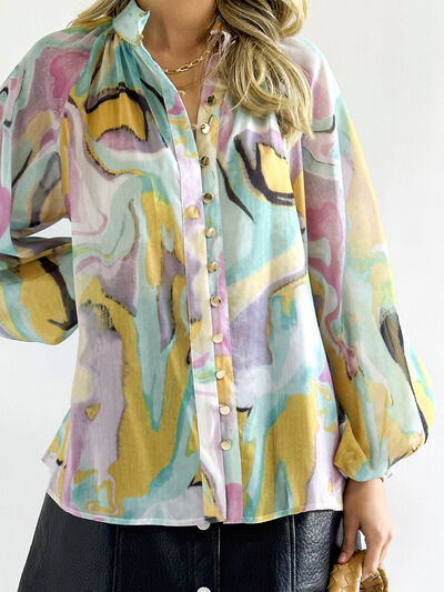 Printed Button Up Balloon Sleeve Shirt