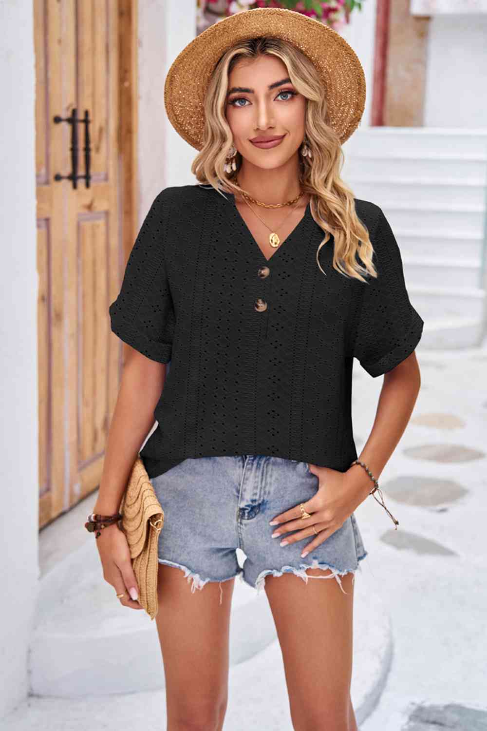Buttoned Notched Neck Eyelet Top Black