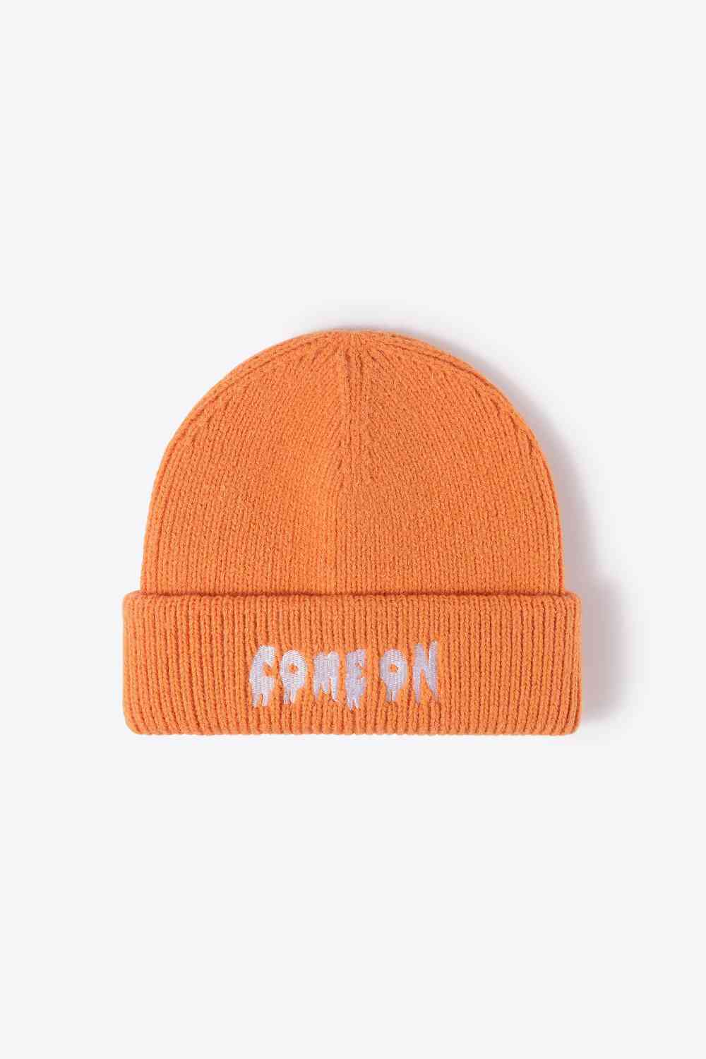COME ON Embroidered Cuff Knit Beanie Orange One Size